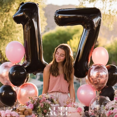 Image of AULE 40 Inch Large 17 Balloon Numbers Black, Big Foil Number Balloons, Giant Helium Happy 17th Birthday Party Decorations for Boy and Girl, Huge Mylar Anniversary Party Supplies