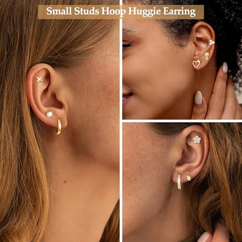 Image of KesaPlan Stud Earrings for Women 14K Gold Plated Hypoallergenic Hoop Earrings Set Small Studs Hoop Huggie Earring Multiple Piercing Star Heart Ball Cubic Zirconia Studs Stacks Trendy for Women Men