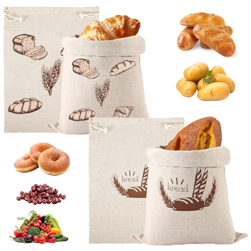 UZSUZZ Set de 4 Bolsas de Pan de Lino, 30x40cm, Ecológicas, Reutilizables con Cierre de Cordón, Ideales para Pan, Productos de Panadería, Frutas y Verduras, para Panaderos y Hogar