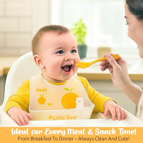 Image of GLUN Pack of 2 Soft Feeding Bibs with Bowl, Cute Oranges Print for Growing Champs, Easily Wipes Clean, Comfortable Soft Baby Bibs, Less Time Cleaning after Meals for Babies