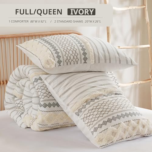 Image of INK+IVY Queen Comforter Set, Boho Comforters, Breathable Cotton Bed Set, All Season Modern Chenille Tufted Comforter with Farmhouse Bedding Flare, Gifts for Woman, Ivory 3 Piece