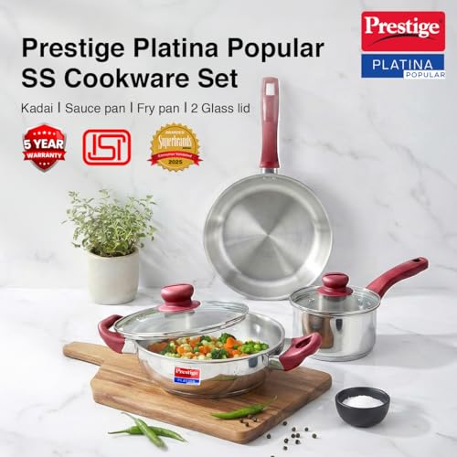 Prestige Stainless Steel 3 Pc Cookware Set with 2 Glass Lids | Platina Popular | Fry Pan 22cm/1.9L | Kadai 22cm/2.25L | Sauce Pan 16cm/1.5L | Gas &... - Image 3