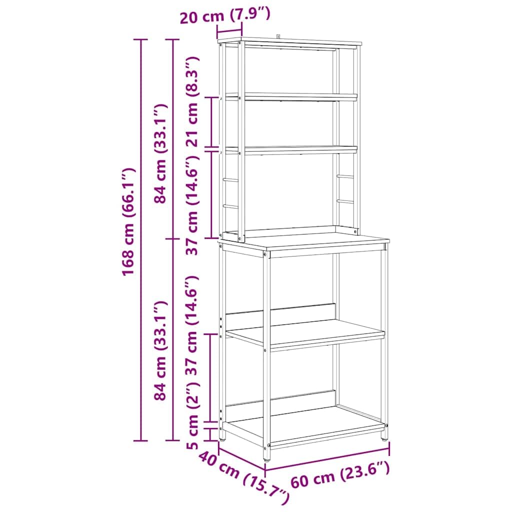 Scaffale da cucina a 5 livelli, 60 x 40 x 168 cm, in legno anticato, con telaio in acciaio, autoportante, per soggiorno, studio, camera da letto, corridoio, ordine e decorazione