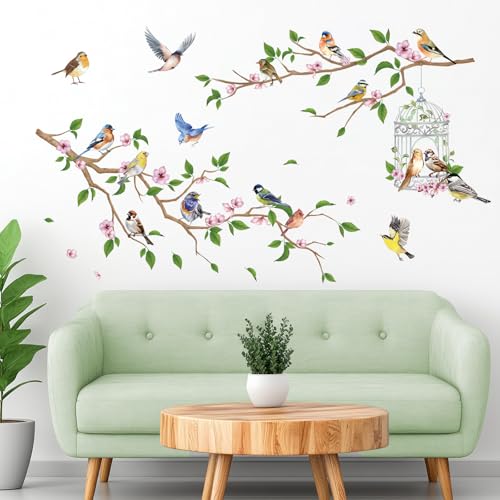 fufuquare Autocollants Muraux sur le thème du jardin, Oiseaux sur des Branches avec des Fleurs, Fresque Murale Cage à Oiseaux, Stickers Muraux amovibles à...