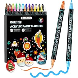 SMOOTHERPRO Acrylic Paint Markers, 24 Colors Dual Tip Acrylic Paint Pens for Wood, Rocks, Canvas, Pumpkins, Fabric Markers Set for Glass, Plastic, Ceramic, DIY, Valentines, Easter, Gift(DAP24)