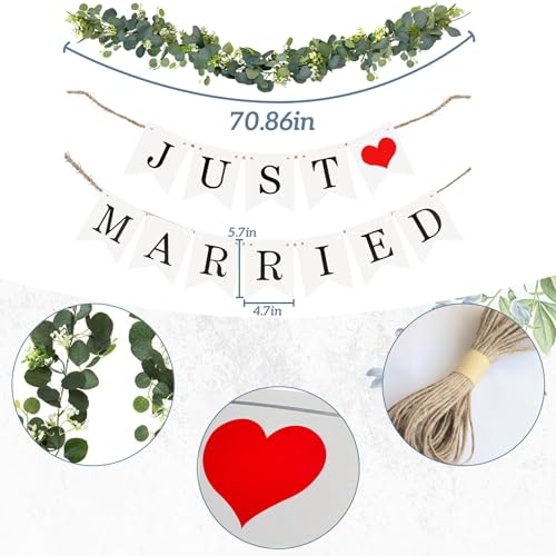 Image of Just Married Car Decorations Kit Wedding Car Decor with Artificial White Roses Banner Flower Vine Tulle Ribbon Sign Stickers Getaway Car Accessories for Bride and Groom Send Off SUV Truck