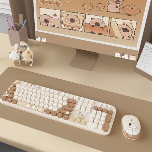 Wireless Keyboard and Mouse Combo, 2.4GHZ Typewriter Retro Full Size Keyboards, Cute Colorful Computer Keyboard and Wireless Mouse for Laptop/Desktop/Windows/PC (Milk Tea Colorful) — view 2