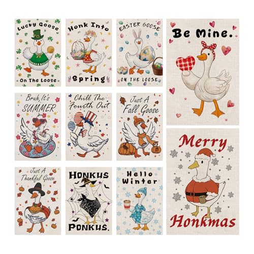 Seasonal Garden Flags - Funny Goose Double Sided Flags Set of 11 Holiday Farmhouse Indoor Halloween Christams Gifts Outdoor Yard Lawn Decorations 12.5x18 Inch