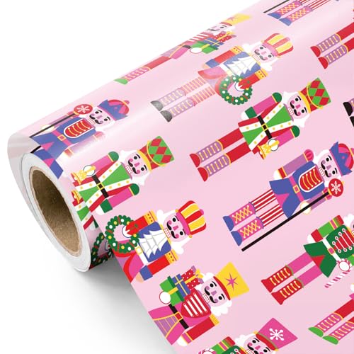 WRAPAHOLIC Nutcracker Christmas Wrapping Paper - Mini Roll - 17 Inch x 16.5 Feet - Pink Nutcracker Wrapping Paper for Christmas Holiday Party Celebration