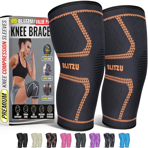 Knee Brace for Women & Men, 2 Pack Compression Knee Brace, Knee Support Sleeve for Pain Relief, Running, Workout, Sports, Knee Braces for ACL, Meniscus Tear, Arthritis and Injury Recovery Orange L
