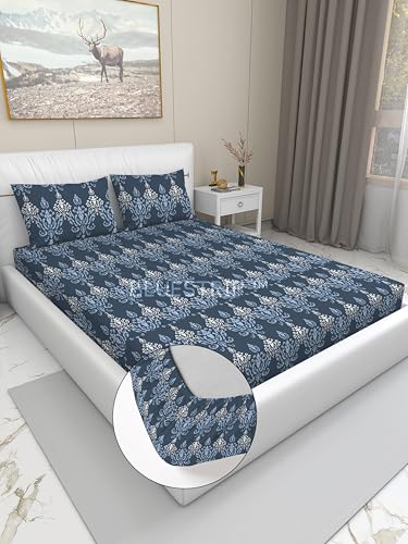 Image of Blue Strip 300 TC Cotton Feel Glace Cotton Elastic Fitted Printed Queen Size Double Bed Bedsheet with 2 Pillow Covers Fits Upto 8 inches,Size- 60x78x8 Inches