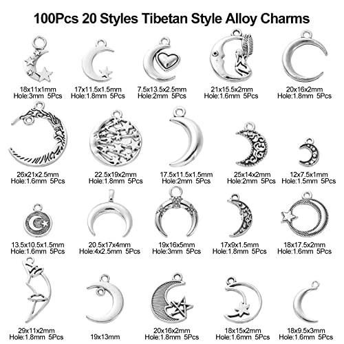 Stiesy 100Pcs 20 Styles Tibetan Silver Antique Crescent Moon With Star Charms - Vintage Hollow Dangle for Jewellery Making DIY Crafts - Image 2