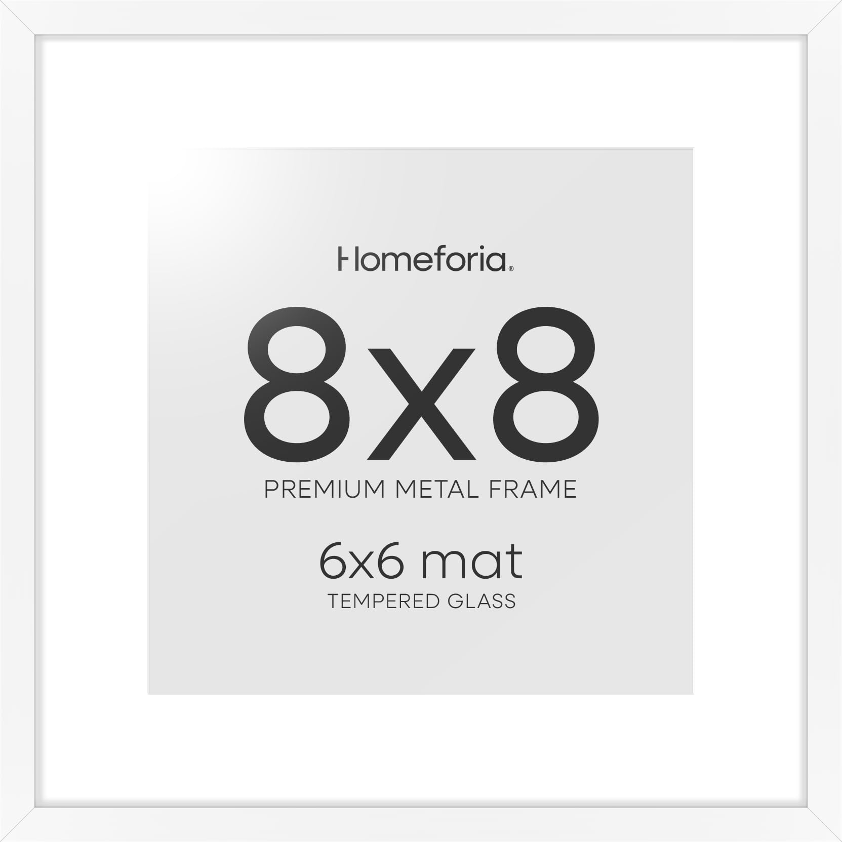 Homeforia 8x8 White Picture Frame, High-End Metal, 6x6 Mat, Glass | High End Aluminum, Tempered Glass, Acid-Free 6x6 Removable Mat, 8x8 in Edge-to-Edge Display 8x8, Wall Kit, Set Of 1