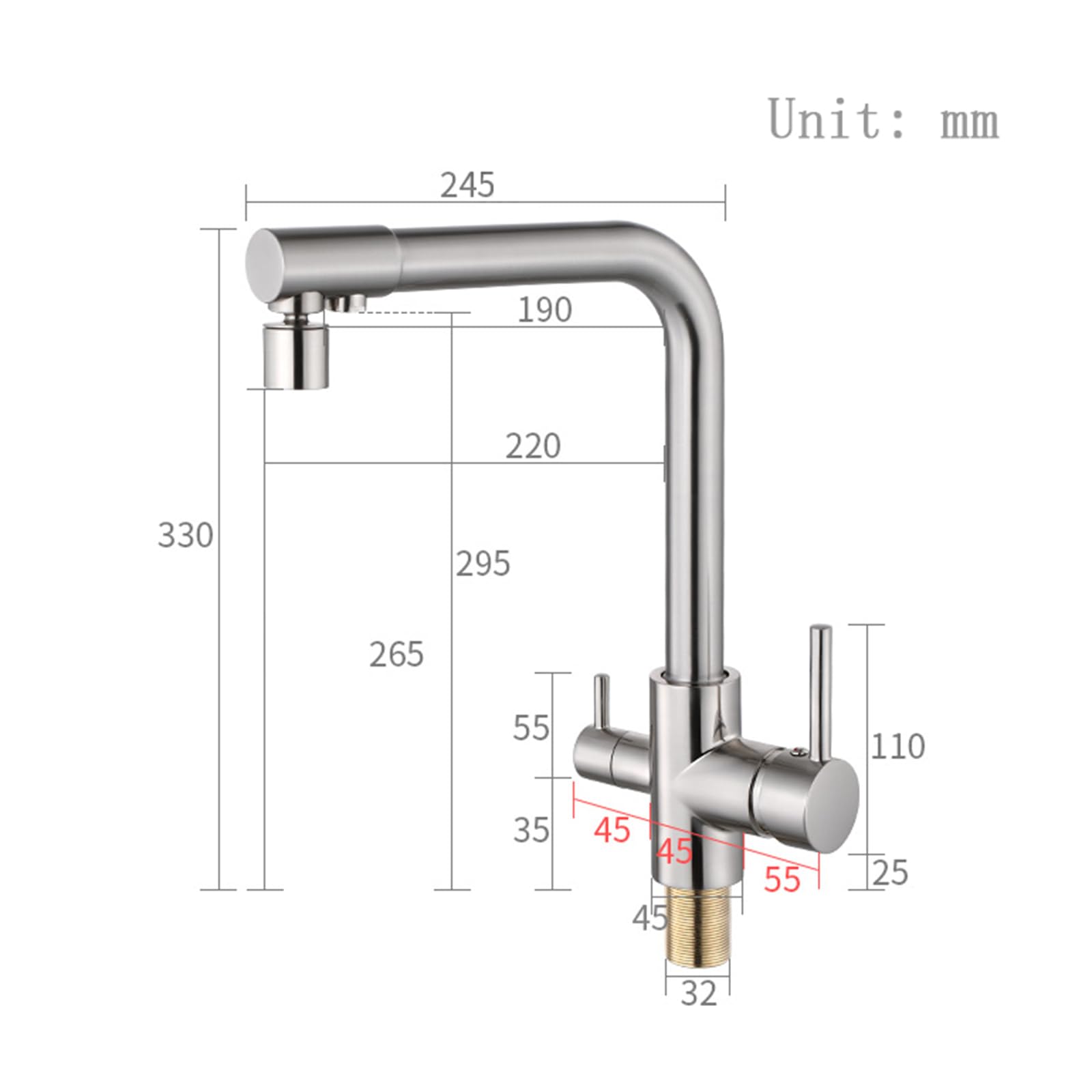 Grifo Cocina Cepillado 3 en 1 Rotación de 360° Grifo Osmosis 3 Vías con 2 Salidas Doble Manija,Cepillado