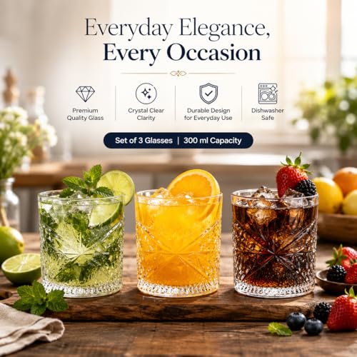 Image of bellemax 300ML Juice and Water Glass Stylish Crystal Highball Drinking Glasses, Medium Size Tumbler Glasses for Juice, Water, Milk, lassi, Cocktails and Sharbat (TR-16, 6 Count (Pack of 1))