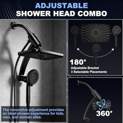 Image of 12 Inch High Pressure Rainfall Shower Head Combo,9 Settings Handheld Shower | Height /Angle Adjustable, 3 Spray Modes, Anti-leak, Built-in Magnetic Docking,Washing Jets,Holder, 59 inch Shower Hose, 1.75GPM