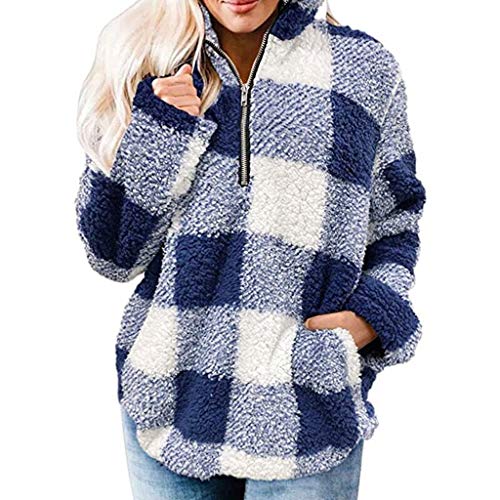SPE969 Women's Checked Plush Pullover Zipper Cotton Sweater Long Sleeve Sweatshirt,Blue,XL