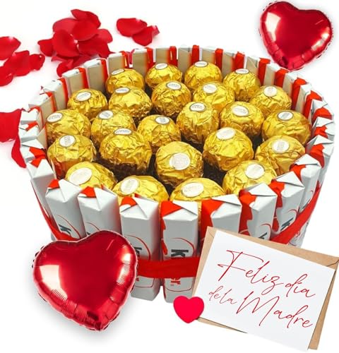 Tarta de Ferrero Rocher + Rosa Dulce - Regalo Ideal para San Valentin, Día de la Madre, Cumpleaños... 24 Bombones Ferrero Rocher + Kinder Chocolate + Rosa Gominola - Tarta de 20 cms