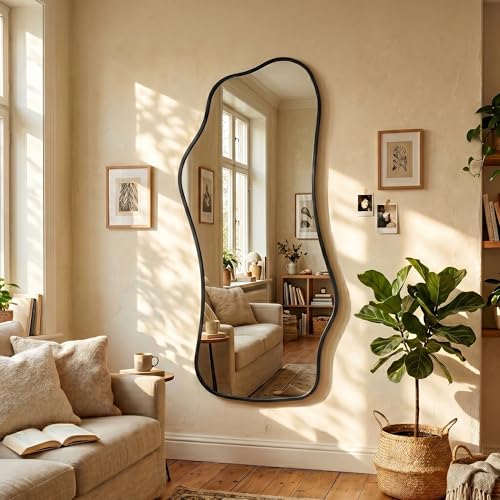 Image of Bathroom Mirrors for Over Sink-Horizontal or Vertical Hanging 47.2 inchx21.6 inch Black Asymmetrical Wavy Aluminum Frame Decorative Full Body Mirror for Living Room,Bedroom,Cloakroom,Entryway