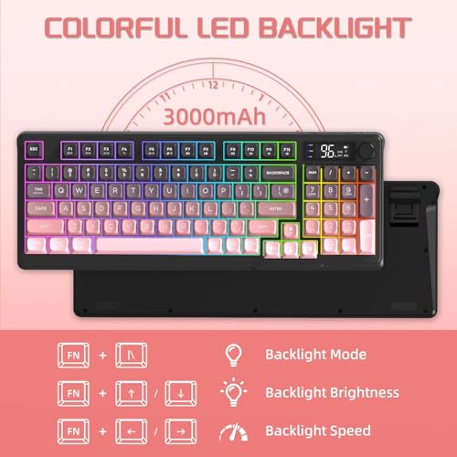 Image of FREEWOLF M96 Wireless Gaming Keyboard Creamy Membrane with Rainbow Backlight,Media Knob,LCD Screen,Dual Mode-Bluetooth /2.4Ghz,Ball Shape PBT Keycap 94 Key ANSI Layout for Win Mac PC Gamer(BlackBerry)
