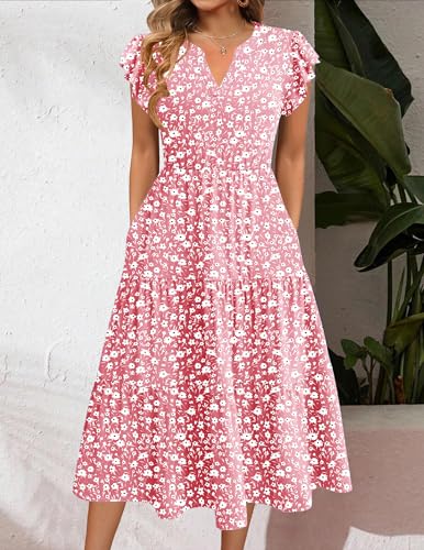 Image of ZEAGOO Womens Summer Casual Dresses Ruffle Sleeve V Neck Midi Dress Flowy Tiered Dress with Pockets Boho Sundresses
