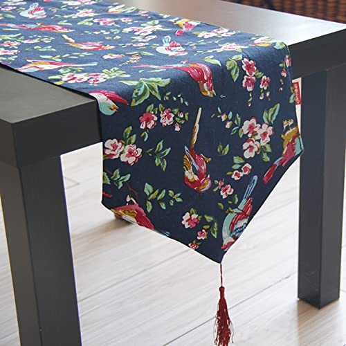 Chemin de table coton lin bleu marine nappe salle à manger oiseaux 160cm