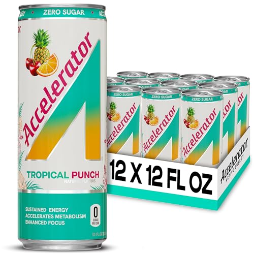 Accelerator Energy Drink Sugar Free, Tropical Punch, 12oz can(12 pack) Zero Sugar Energy Drinks with Sustained Energy from 100% Natural Caffeine (200mg) & Green Tea extract