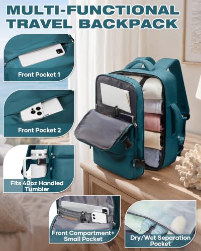 Image of suradar Travel Backpack for Women Men, Carry On Backpack Flight Approved Personal Item Travel Bag Laptop Backpack Waterproof Weekender Essentials Hiking Rucksack Casual Daypack Peacock Blue