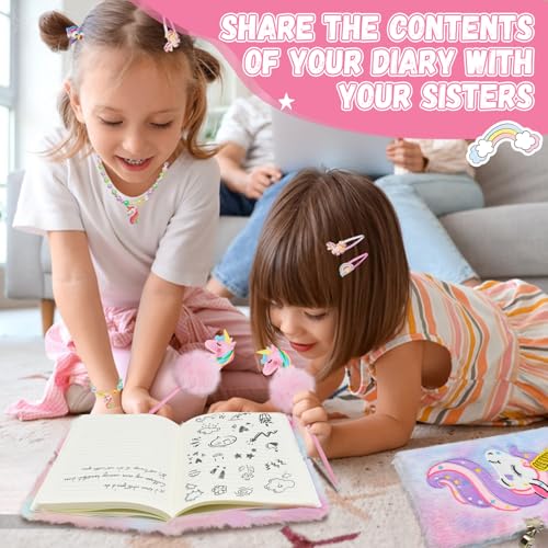 Cyiecw Plüsch Einhorn Tagebuch mit Schloss Mädchen, A5 Einhorn Notizbuch mit 160 Seiten, Geheimes Journal Set mit Einhorn Stift und Kinderschmuck, Einhorn Geschenk für Mädchen ab 3 Jahre