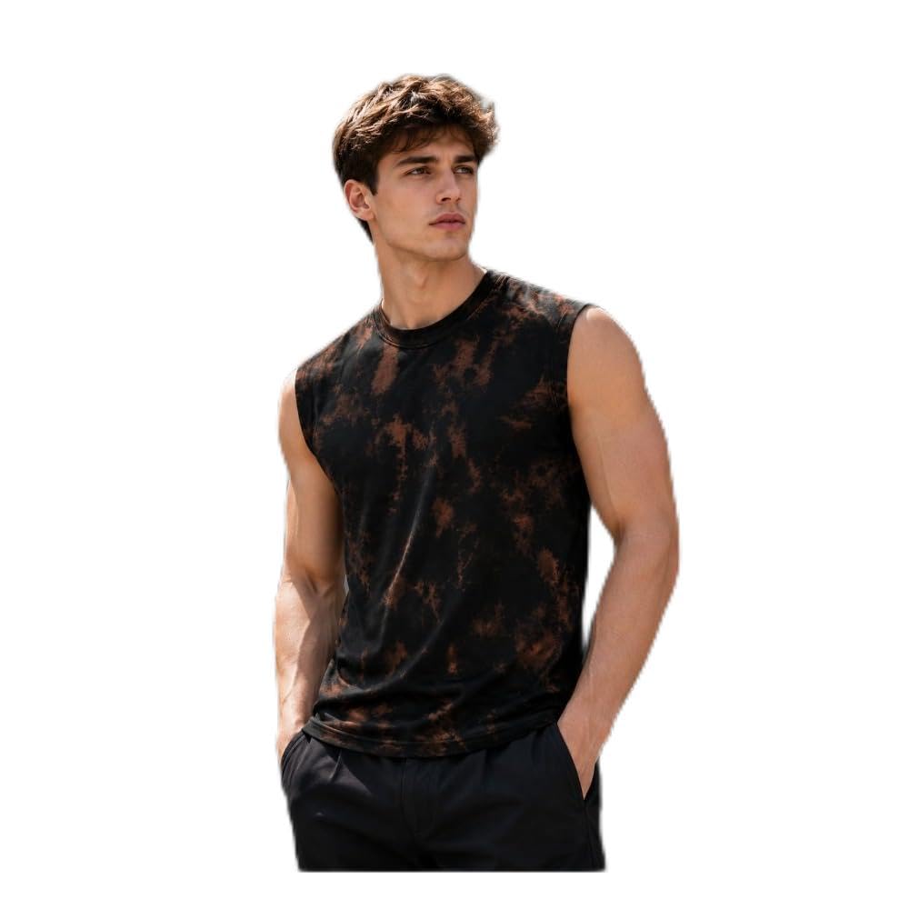 NEXTRAA Men's Acid Wash Sleeveless Tank Top | Tie Dye Gym Vest for Men | Casual Round Neck Cotton Blend Muscle Fit Sando (Black Brown)-picture-28