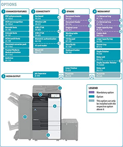 Diagram illustrating various optional accessories and features for the Bizhub C250i, categorized by enhanced features, connectivity, others, media input, and media output.