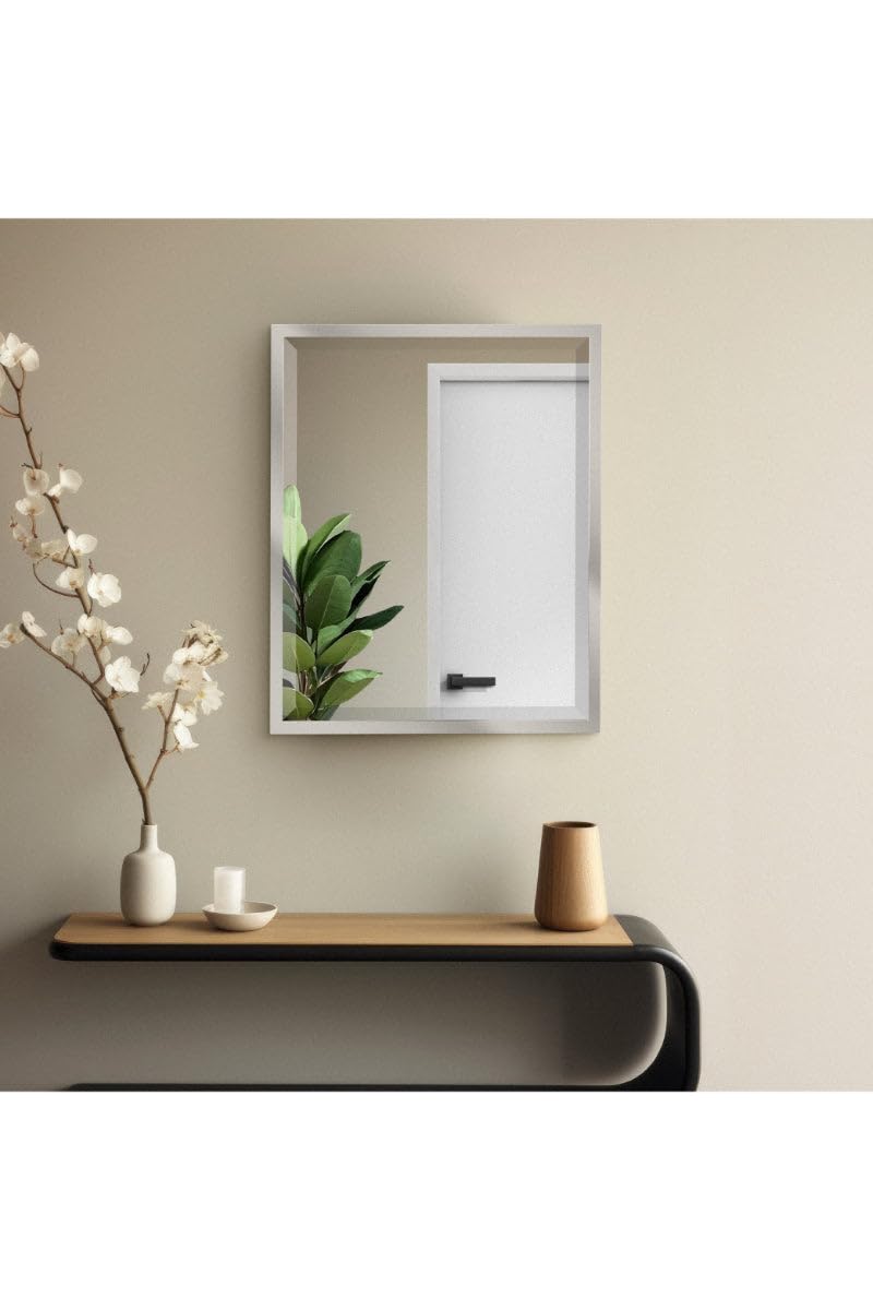 Head West Chrome Stainless Steel Beveled Metal Framed Wall Mount Vanity Mirror, Decorative Mirror for Wall Decor, Rectangle Bathroom Mirror for Over Sink, Bedroom, Living Room Hallway Entryway 24"x30"