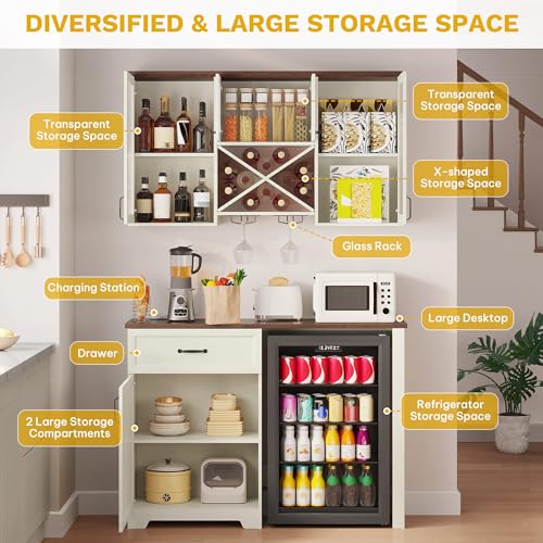 DWVO Coffee Bar Cabinet with Mini Fridge Space Storage & Charge Station, Wall-Mounted Kitchen Pantry Cabinets with Glass Doors & Wine Storage & Glass Racks for Home Living Dining Room, White Walnut