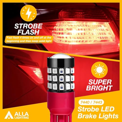 Alla Lighting Upgraded T20 7440 7443 LED Strobe Brake Lights Bulbs, Red Flashing Stop Lamps, W21W 7440LL 7443LL Strobe LED Taillights Replacement for Cars, Trucks, SUVs, Vans - Image 4