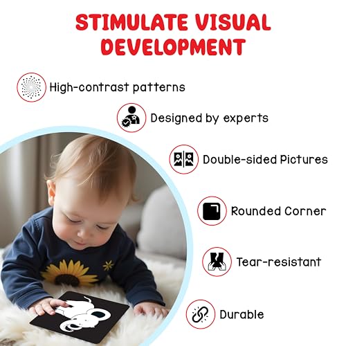 Image of High Contrast Flash Cards Busy Book for Newborn Babies | 2 Carousel + 32 Object Cards + 2 Stands | Visual & Sensory Stimulation, Tummy Time Toy for Infant Child Age 0, 3, 6, 12, 18 Months