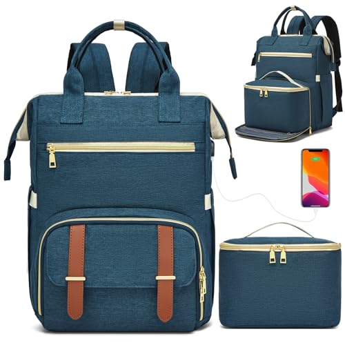 aocrin Lunch Backpack, 15.6 Inch Laptop Backpack with USB Port, Stylish Nurse, Teacher and Work Bag with Insulated Cooler Lunch Box for Women, Blue