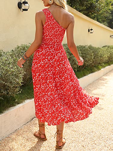 Image of ZESICA Women's 2026 Bohemian Summer Floral Print One Shoulder Sleeveless Smocked Ruffle Tiered Beach Long Midi Dress