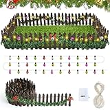 Wichtel Zaun, Wichtel Zubehör Weihnachten, Mini Lichterkette Wichtels, Miniatur Zaun Gartenzaun Holz, Puppenhaus Zubehör mit 100 cm Deko Lichterkettes und 200 cm Wichtels Lichterkette LED (E)