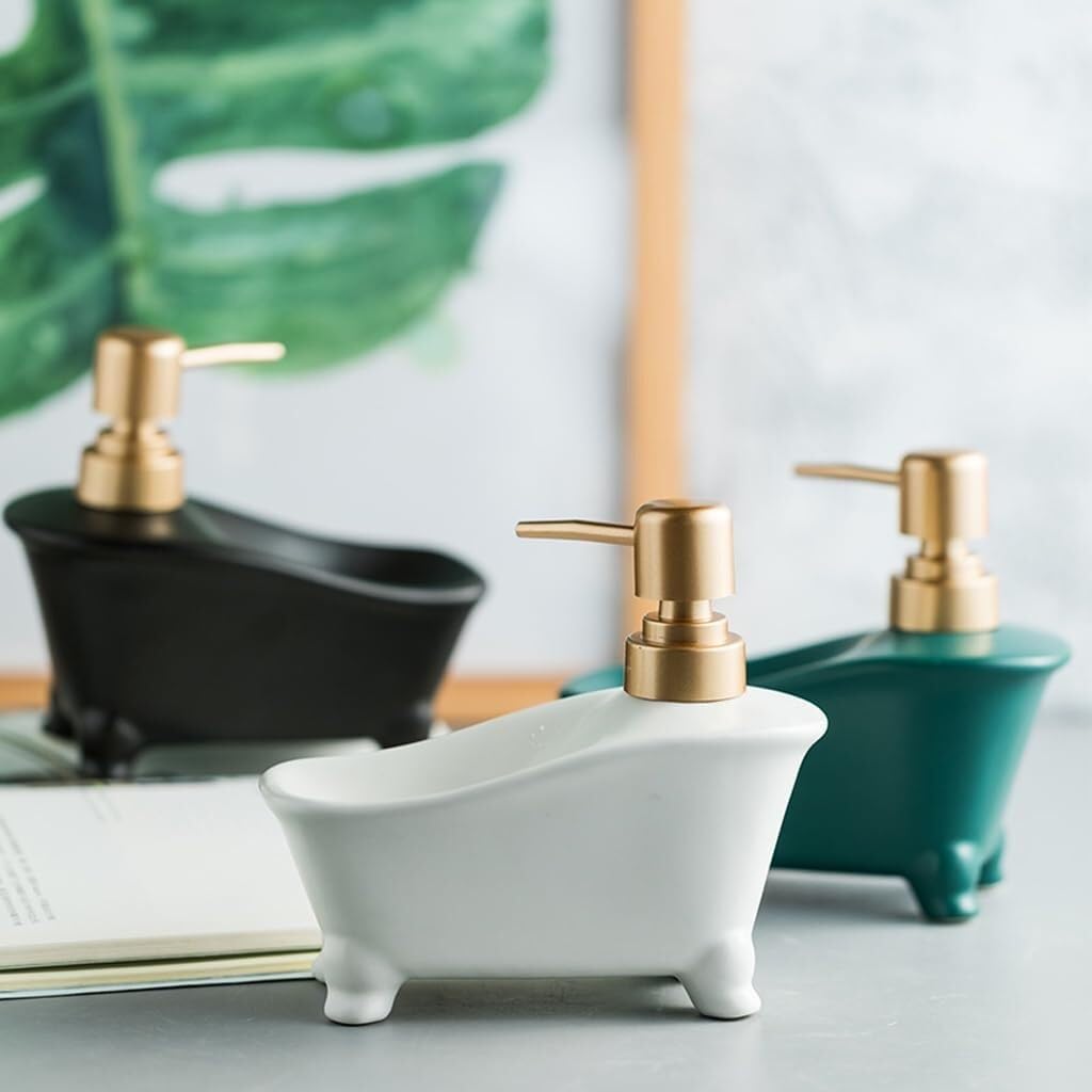 Ceramiczny dozownik mydła i mydelniczka – dozownik balsamu 350 ml z uchwytem na gąbkę do pojemnika na szampon i żel pod prysznic