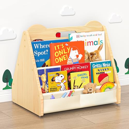 Image of Solid Pine Wood Kids Bookshelf, Double-Sided Nursery Book Shelves, Portable Toddler Bookshelf, Montessori Bookcase, Book Shelf for Kids Rooms, Childrens Book Storage Display for Bedroom Classroom