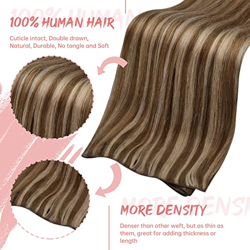 Fshine Genius Weft Tessitura Extension Medio Marrone e Caramello Blond Highlights 45cm 50g Extension Capelli Veri Mastassa Balayage Professionale Capelli per Bambina Hair Extension