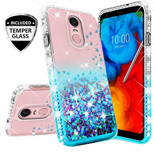 Compatible for LG Stylo 4 Case, LG Q Stylus Case, with [Temper Glass Screen Protector] SOGA Diamond Liquid Quicksand Cover Cute Girl Women Phone Case LG Q710 - Clear/Teal