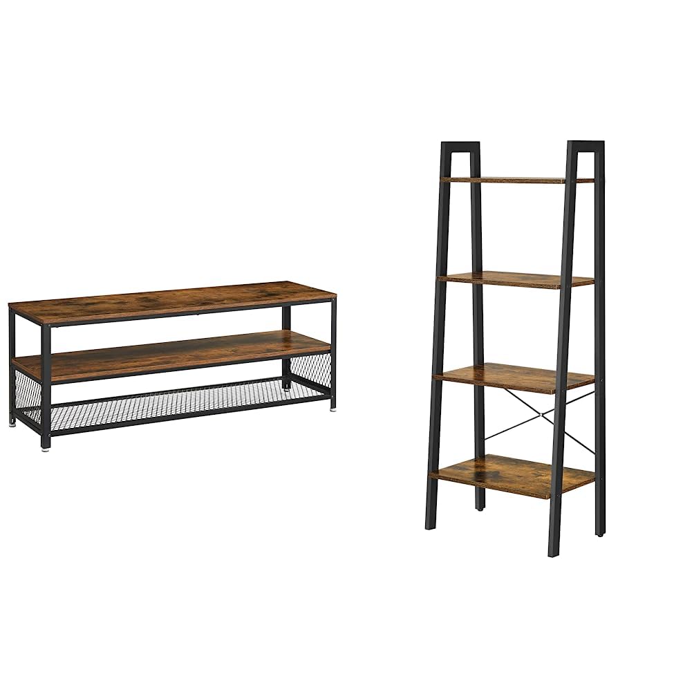 VASAGLEIndustrial TV Stand for Screen Size up to 60 Inches, Lengthened TV Cabinet, Console, Coffee Table, for Living Room, Bedroom, Rustic Brown LTV50BX & Ladder Shelf, Bookshelf