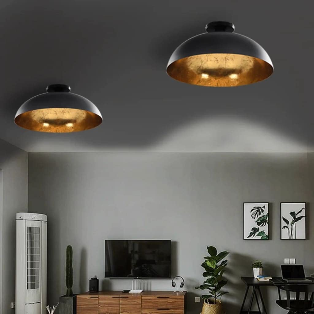vidaXL 2x Lámparas de Techo Semiesféricas Iluminación Hogar Uso Residencial o Comercial Diseño Moderno Elegante Sencillo Decoración Negra y Dorada E27