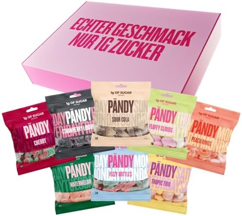 Pändy 8 Mix Süßigkeiten Multipack, Gummibärchen, 1g Zucker, 8x 50g | Mix Gummibärchen-Multipack mit 8 Sorten. Zuckerfreie Gummibärchen, glutenfrei, 70-85 Kalorien pro Beutel.