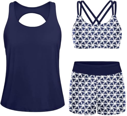 Image of Yonique 3 Piece Tankini Swimsuits for Women Swim Tank Top Bathing Suits with Boy Shorts and Bra Athletic Swimwear
