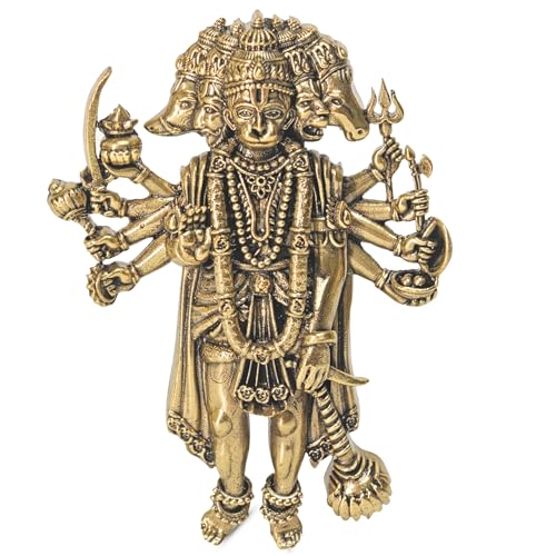 Image of Plus Value Brass Panchmukhi Hanuman Wall Hanging for Main Door Entrance - 4 Inch Idol | Handcrafted Pital Statue | Vastu Protection Yantra | Antique Gold Finish | Home Decor 98gm