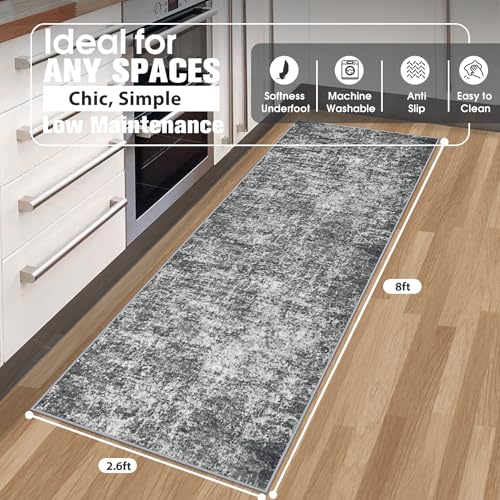Runner Rug for Hallways Kitchen 2'6"x8' Washable Non Slip: Carpet Non Skid 8ft Entryway Rubber Backed 8 Feet Neutral Abstract Modern Rug Low Pile Pet Friendly Indoor Black Grey
