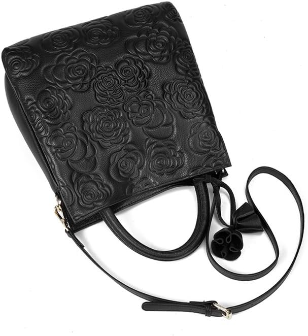 Genuine leather cowhide women's handbag rose camellia embossed large capacity detachable shoulder strap storage tote bag - Image 7