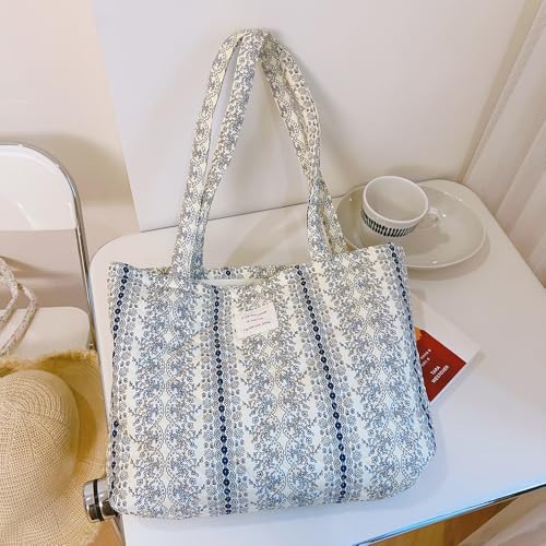 Image of Floral Quilted Cotton Shoulder Bag for Women Daily Use Medium Size Handbag Large Capacity Thickened Design Tote